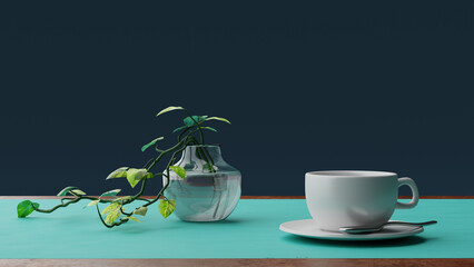 A white cup of coffee with plant in a vase on vintage wooden table, 3d rendering