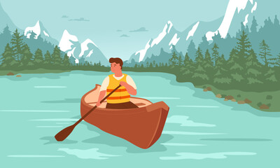 Man rafting in canoe on lake, snowy mountains and coniferous forest on background. Cartoon male sitting in boat, holding paddle and enjoying summer adventure. Vector illustration. Beautiful scenery - obrazy, fototapety, plakaty