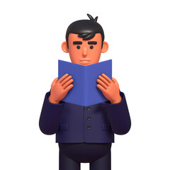 3d render of businessman in dark suit reading a book