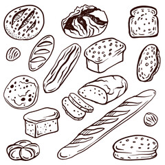 Collection of different kinds of bread. Set of bakery items and elements. Graphic outline hand drawn vector illustration isolated on white background for menu, label design.