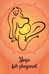 Yoga for Pregnant poster concept. Woman in lotus position against mandala background. Outline style color illustration vector. Yoga studio or online class poster template.