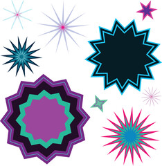 A set of neon colored star burst shapes.