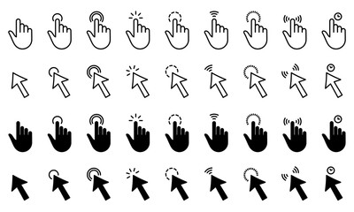 Cursor Computer Pointer Line and Silhouette Icon Set. Arrow and Hand with Finger Digital Mouse Click. Internet Website App Press Tap Link Choice Button Interface. Isolated Vector Illustration