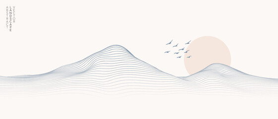 Vector abstract art landscape mountain with birds and sunrise sunset by blue line art texture isolated on white beige earth tone background. Minimal luxury style for wallpaper, wall art decoration.