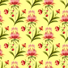 Watercolor pattern with decorative red flowers