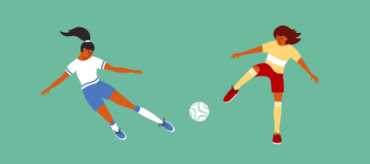 Female soccer players playing ball football field. Women football match vector illustration. Different sport team girls running to kick ball. Athlete game training. Isolated play on green background