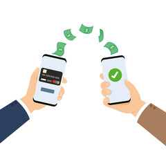 hand holding phone and makes transaction on application, payment banner.