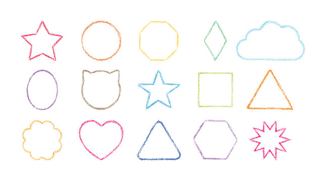 Set of Frames Drawn with Wax Pencil and Chalk. Colorful Shape Templates. Simple Children Line Style, Hand Drawn. Fun Bright Textured Frames. White background. Vector illustration.