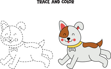 Trace and color cute hand drawn cute dog. Worksheet for children.