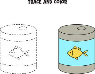 Trace and color cute hand drawn fish food. Worksheet for children.