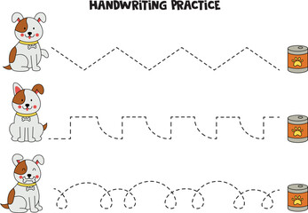 Tracing lines for kids. Cute dog and food. Writing practice.