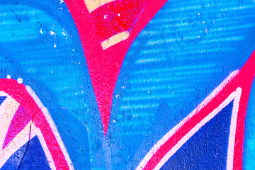 Closeup of colorful blue, red and white urban wall texture. Modern pattern for wallpaper or mockup presentation design. Creative urban city background. Abstract open composition.