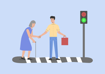 City Dweller Male Character Cross Road with Elderly Lady. Man Help Senior Woman with Walking Stick To Cross Street. Urban City Road Crosswalk With Traffic Light. Cartoon Outline Vector Illustration