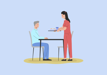 Concept Of Elderly People Help. Young Girl Waiter Helping Senior Man. Granddaughter Bringing Food On Tray To Grandfather. Daughter Takes Care Of Father. Cartoon Linear Outline Vector Illustration