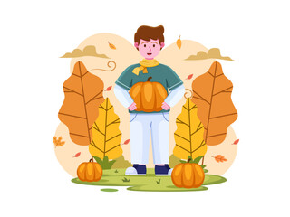 Illustration A Children Picking A Pumpkin In The Farm When Autumn.
Cartoon Illustration Autumn.
Kids Holding Pumpkin.
Can be used for greeting cards, postcards, web, social media, posters, etc