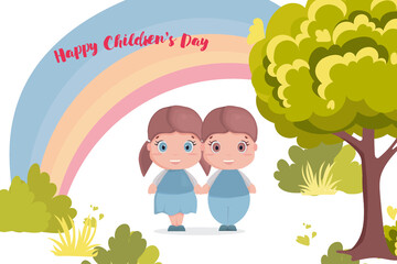 Obraz na płótnie Canvas International Children's Day. Vector banner, postcard with happy kids boy and girl.
