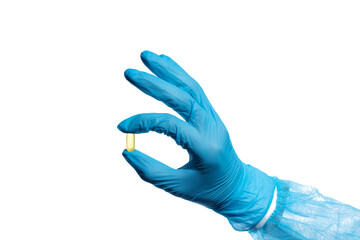 a hand in a medical glove holds a capsule with omega 3 isolated on a white background, the doctor...