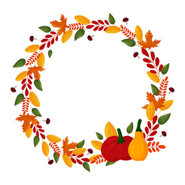 Elegant round frame, garland, wreath or border made of colorful fallen oak leaves, acorns and berries and Autumn Colors inscription inside. Natural decorative vector illustration in modern flat style.