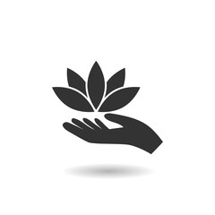 Lotus in hand icon with shadow - obrazy, fototapety, plakaty