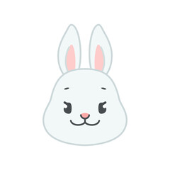 Cute smiling bunny face. Flat cartoon illustration of a little gray rabbit isolated on a white background. Vector 10 EPS.