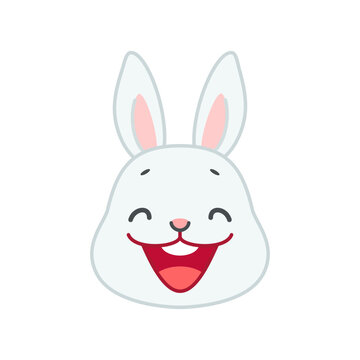 Cute smiling bunny face. Flat cartoon illustration of a funny little laughing rabbit isolated on a white background. Vector 10 EPS.
