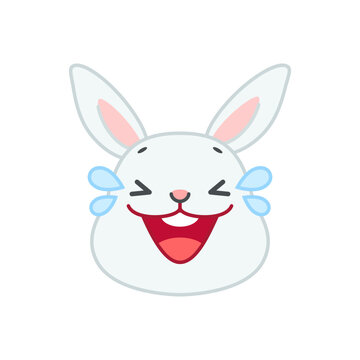 Cute laughing bunny face. Flat cartoon illustration of a funny little gray rabbit laughing to tears isolated on a white background. Vector 10 EPS.
