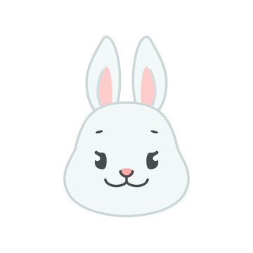 Cute smiling bunny face. Flat cartoon illustration of a little gray rabbit isolated on a white background. Vector 10 EPS.