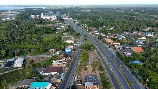 4k aerial view of Kresek mosque in Pattani,Thailand, old architecture design building from red brick clay, history landmark in islam religion at south east asia, architecture primitive for muslim pray