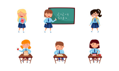 Fototapeta premium Back to School with Kids Wearing Blue Uniform and Tie Having Lesson Vector Set