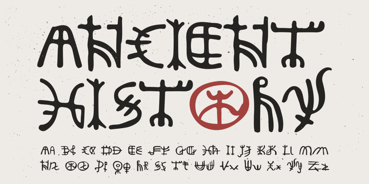 Alphabet in Ancient historical style. These icons based on rock art pictograms.