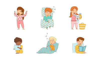 Sleepy Little Boy and Girl Wearing Pajamas Yawning and Reading Book Getting Ready to Bed Vector Set