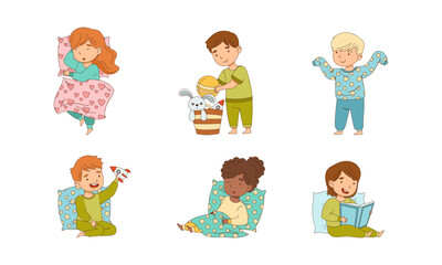 Sleepy Little Boy and Girl Wearing Pajamas Sleeping in Bed and Reading Book Getting Ready to Bed Vector Set