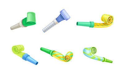 Bright Party Whistle as Birthday Toy and Accessory for Blowing and Making Sound Vector Set