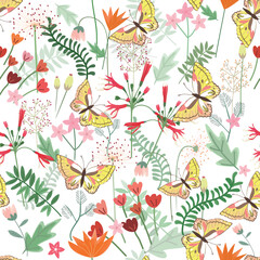 Beautiful wild flower and butterfly seamless pattern