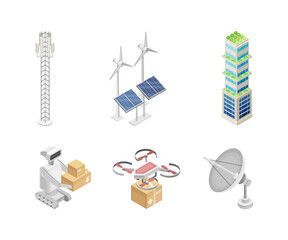 Smart City with Solar Panel, Robot, Satellite Dish and Wind Generator Isometric Vector Set