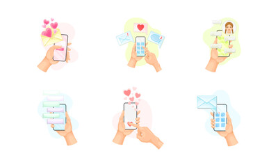 Hand with Smartphone Using Chat Software Text Messaging Vector Set