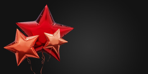 Bunch of foil balloons and space for text against black background. Star shaped red balloons 3D rendering banner.