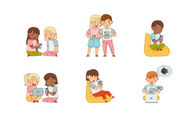 Little Children with Smartphone and Tablet pc Playing and Surfing Internet Vector Set
