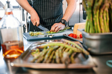 Close up view. Slicing ingredients. Chef is on the kitchen preparing food