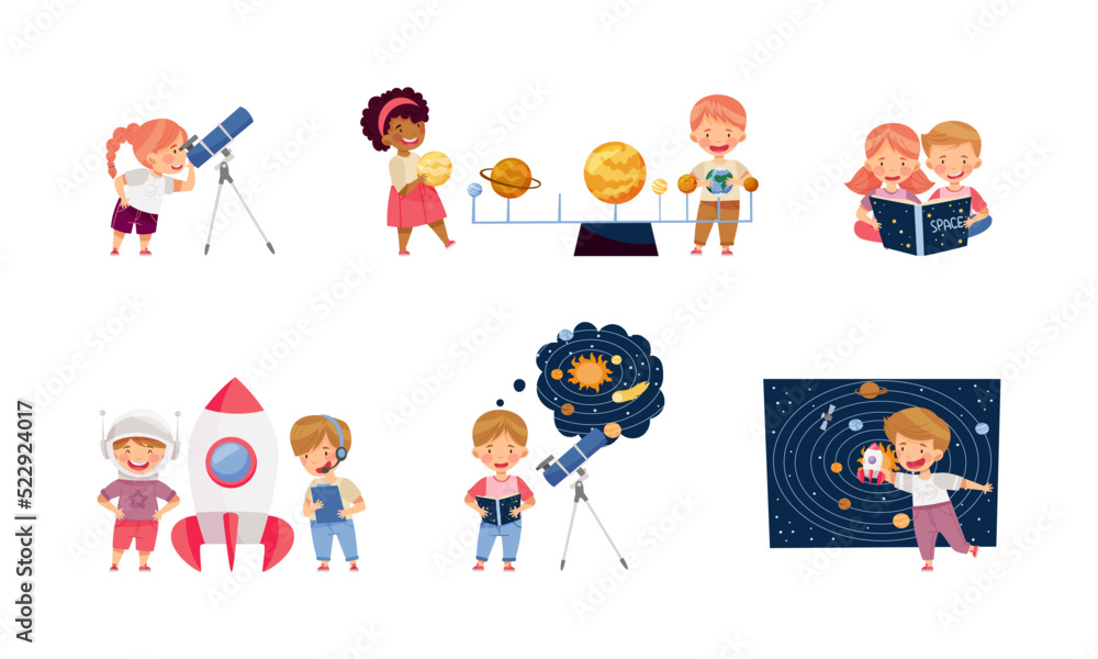 Poster children characters studying space and galaxy examining solar planets and playing vector set
