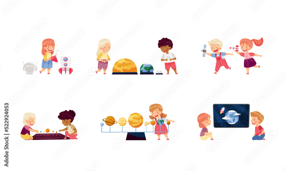 Poster children characters studying space and galaxy examining solar planets and playing vector set