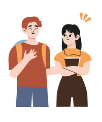 Fototapeta premium Cheerful college students with books and backpacks standing together. Teen girl and guy meeting and talking. Communication, studying, school friends, youth, teenagers concept. Flat vector illustration