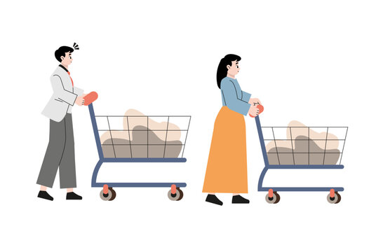 Person Pushing Shop Cart Full Of Bags With Groceries. Man And Woman Walking With Shopping Trolley. Profile Of Buyer Going With Supermarket Trolly. Flat Vector Illustration Of Shopper Isolated On White