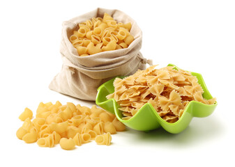 Italian pasta (Gomiti Rigati) on white background 