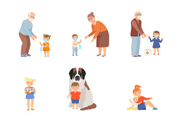 Cute Little Children Loving and Protecting Their Family Members Vector Set