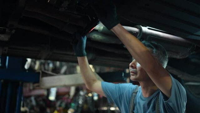 mechanic working and check about auto car engine service, inspection technician having automotive job to maintenance or repair automobile in motor garage, business industrial auto car engine