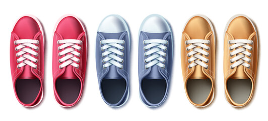 Travel shoes vector set design. Traveler sneakers for casual trend footwear collection isolated in white background. Vector Illustration. 