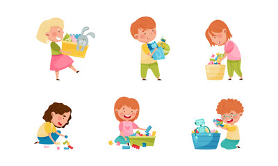 Fototapeta premium Happy Children Playing Toy in the Nursery Vector Illustration Set