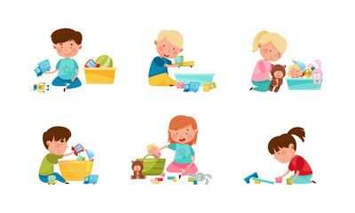 Happy Children Playing Toy in the Nursery Vector Illustration Set