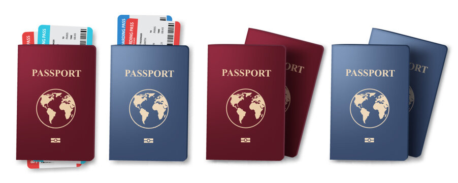 Travel passport vector set design. Plane ticket and passport collection for holiday vacation travelling elements. Vector Illustration.